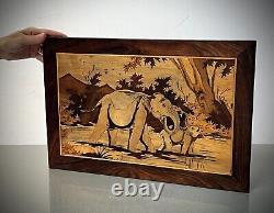 Vintage Indian Marquetry Panel Baby Elephant Spraying Mother In Waterhole