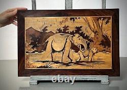 Vintage Indian Marquetry Panel Baby Elephant Spraying Mother In Waterhole