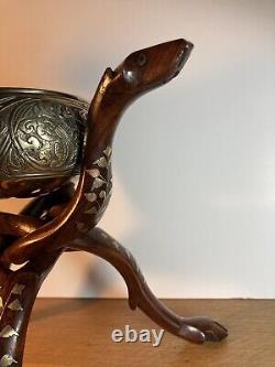 Vintage Indian Metal Bowl & Interlocking Hand Carved Wood Tripod Urli Burner