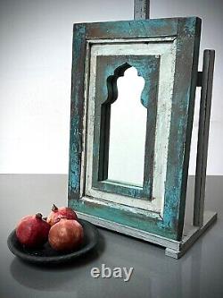Vintage Indian Mirror. Art Deco Salvage Teak Panel. Distressed Turquoise & White