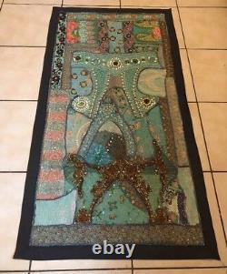 Vintage Indian Mirror & Sequins Hand Embroidery Emroidered Wall Hanging Panel