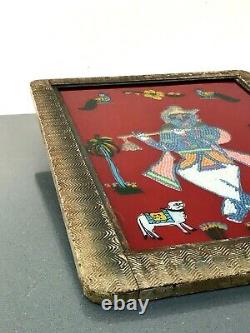 Vintage Indian Reverse Glass And Bead Painting. Krishna With Sacred Calves