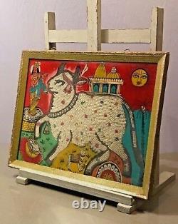 Vintage Indian Reverse Glass And Bead Painting. Krishna With Sacred Calves