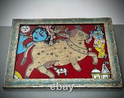 Vintage Indian Reverse Glass & Bead Painting. Krishna, Cow & Calf. Surabhi