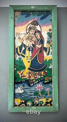 Vintage Indian Reverse Glass Lithograph. Krishna & Radha, Enduring Love Story
