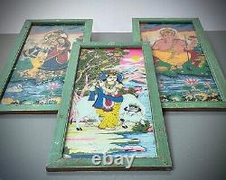 Vintage Indian Reverse Glass Lithograph. Krishna & Radha, Enduring Love Story