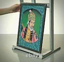 Vintage Indian Reverse Glass Painting. Bejewelled Mughal Prince, Heavily Gilded