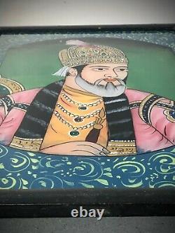 Vintage Indian Reverse Glass Painting. Bejewelled Mughal Prince, Heavily Gilded
