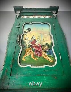 Vintage Indian Reverse Glass Painting. Durga In Art Deco Framed Door. Antique