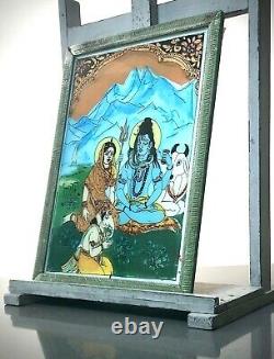 Vintage Indian Reverse Glass Painting. Hindu Deities Shiva, Parvati & Ganesha