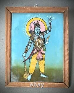 Vintage Indian Reverse Glass Painting. Hindu Deities Shiva, Parvati & Ganesha