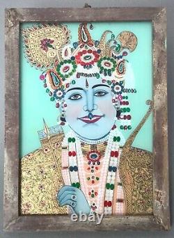 Vintage Indian Reverse Glass Painting. Hindu Deity Rama, Heavily Bejewelled