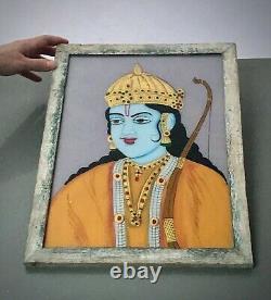 Vintage Indian Reverse Glass Painting. Hindu Deity, Rama. Large, Art Deco Frame
