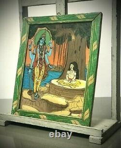 Vintage Indian Reverse Glass Painting. Hindu Deity Vishnu Under Bodhi Tree