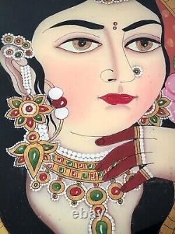 Vintage Indian Reverse Glass Painting. Jewelled Mughal Princess. Larger Portrait