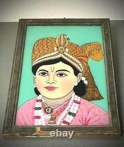 Vintage Indian Reverse Glass Painting. Jewelled Mughal Princess. Larger Portrait