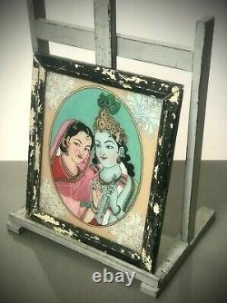 Vintage Indian Reverse Glass Painting. Krishna & Radha, Hindu Deities. Large
