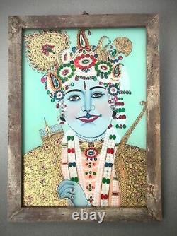 Vintage Indian Reverse Glass Painting. Krishna & Radha, Hindu Deities. Large