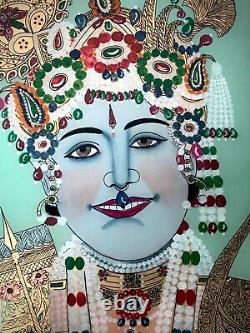 Vintage Indian Reverse Glass Painting. Krishna & Radha, Hindu Deities With Doves