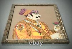 Vintage Indian Reverse Glass Painting, Maharaja Portrait. Large. Mughal Elite