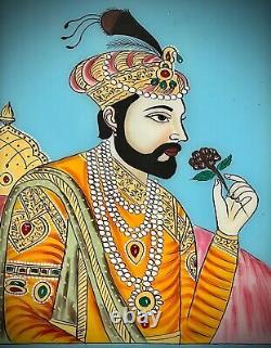 Vintage Indian Reverse Glass Painting. Maharajah Adorned With Fine Silk & Jewels