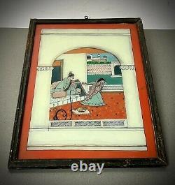 Vintage Indian Reverse Glass Painting. Mughal Lovers, Interior In Landscape