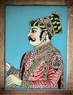 Vintage Indian Reverse Glass Painting. Mughal Prince Adorned With Silk & Jewels