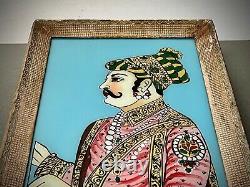 Vintage Indian Reverse Glass Painting. Mughal Prince Adorned With Silk & Jewels