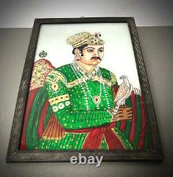 Vintage Indian Reverse Glass Painting. Mughal Prince With Falcon, Silk & Jewels