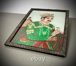 Vintage Indian Reverse Glass Painting. Mughal Prince With Falcon, Silk & Jewels