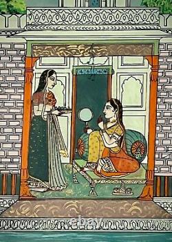Vintage Indian Reverse Glass Painting. Mughal Princess With Maid In Attendance