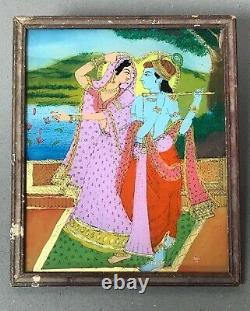 Vintage Indian Reverse Glass Painting. Sadhu Wondering In The Wilderness