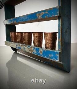 Vintage Indian Shelving Unit Art Deco Detail Distressed Sapphire Blue Old Teak