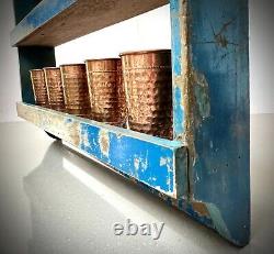 Vintage Indian Shelving Unit Art Deco Detail Distressed Sapphire Blue Old Teak