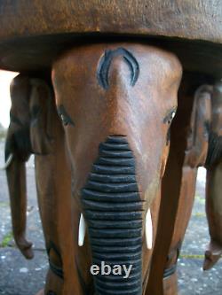 Vintage Indian Side Table With 3 Elephant Head Legs