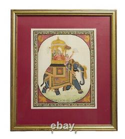 Vintage Indian Silk Painting of a Maharaja on Elephant, Framed & Glazed