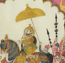 Vintage Indian Silk Painting of a Maharaja on Horse & Servants, Framed & Glazed
