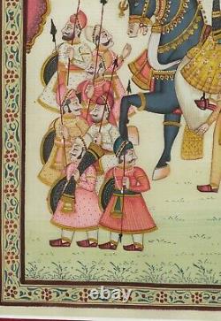 Vintage Indian Silk Painting of a Maharaja on Horse & Servants, Framed & Glazed