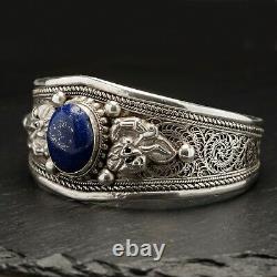 Vintage Indian Silver Filigree & Lapis Lazuli Bangle Bracelet & Narasmha Lions
