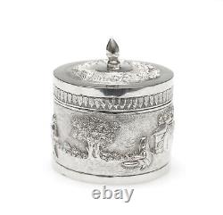 Vintage Indian Silver Plate Small Lidded Round Repousse Box with Pastoral Scenes