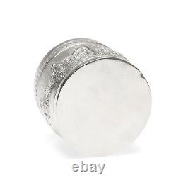 Vintage Indian Silver Plate Small Lidded Round Repousse Box with Pastoral Scenes