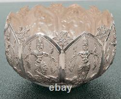 Vintage Indian Silver Repousse Bowl with Dancing Characters and Textured Ground