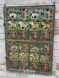 Vintage Indian Steel Jali Panel Painted Elephant Tiger Horse Wall Hanging Art a