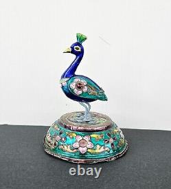 Vintage Indian Sterling Silver & Enamel Statue Figurine Peacock