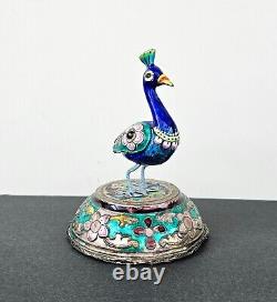 Vintage Indian Sterling Silver & Enamel Statue Figurine Peacock