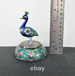 Vintage Indian Sterling Silver & Enamel Statue Figurine Peacock