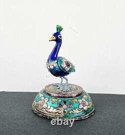 Vintage Indian Sterling Silver & Enamel Statue Figurine Peacock