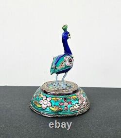 Vintage Indian Sterling Silver & Enamel Statue Figurine Peacock