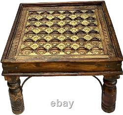 Vintage Indian Table Square Side Coffee Hardwood Brass Decoration Glass Topped