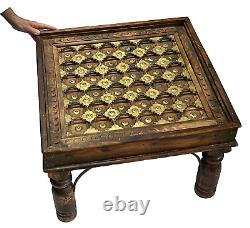 Vintage Indian Table Square Side Coffee Hardwood Brass Decoration Glass Topped